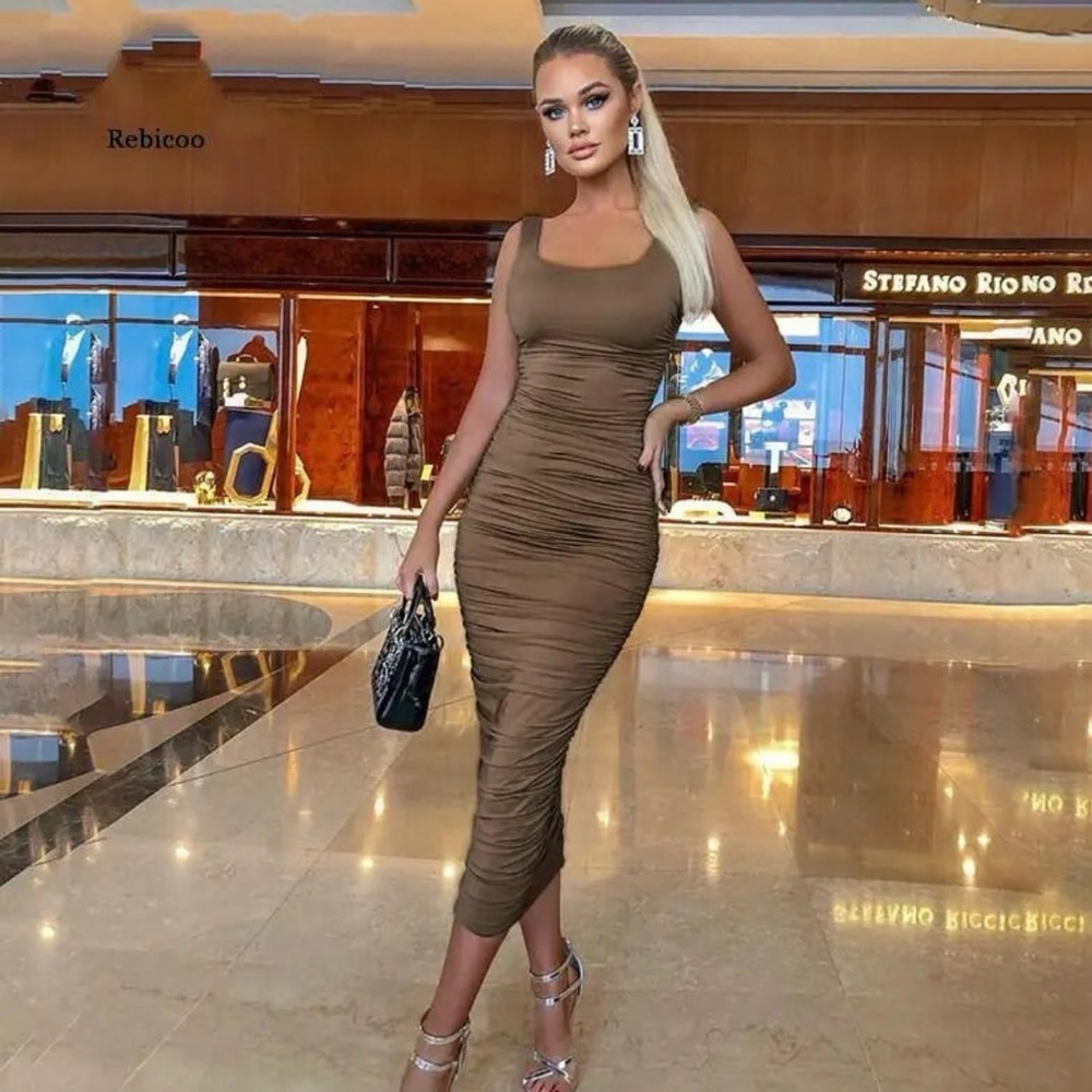 Brown Long Ruched Bodycon Dress Size:Small